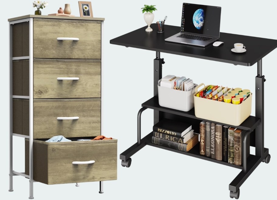a 4 drawer dresser and a standing desk