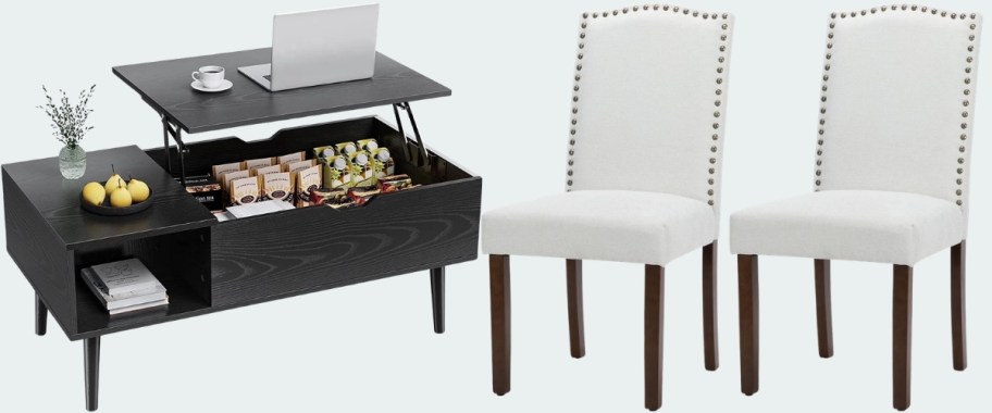 lift top coffee table and 2 dining chairs