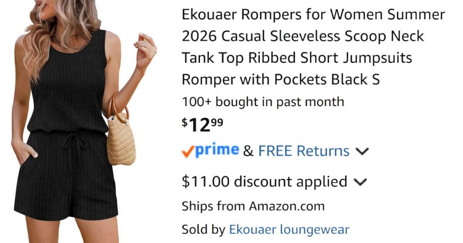 woman wearing black romper next to Amazon pricing information