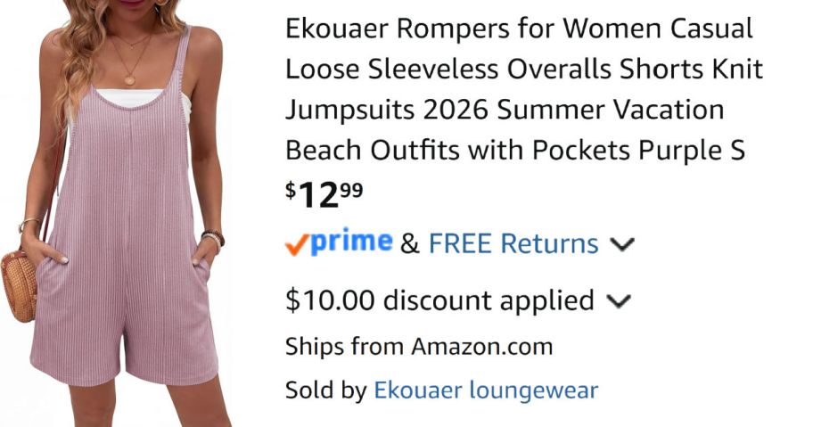 woman wearing purple romper next to Amazon pricing information