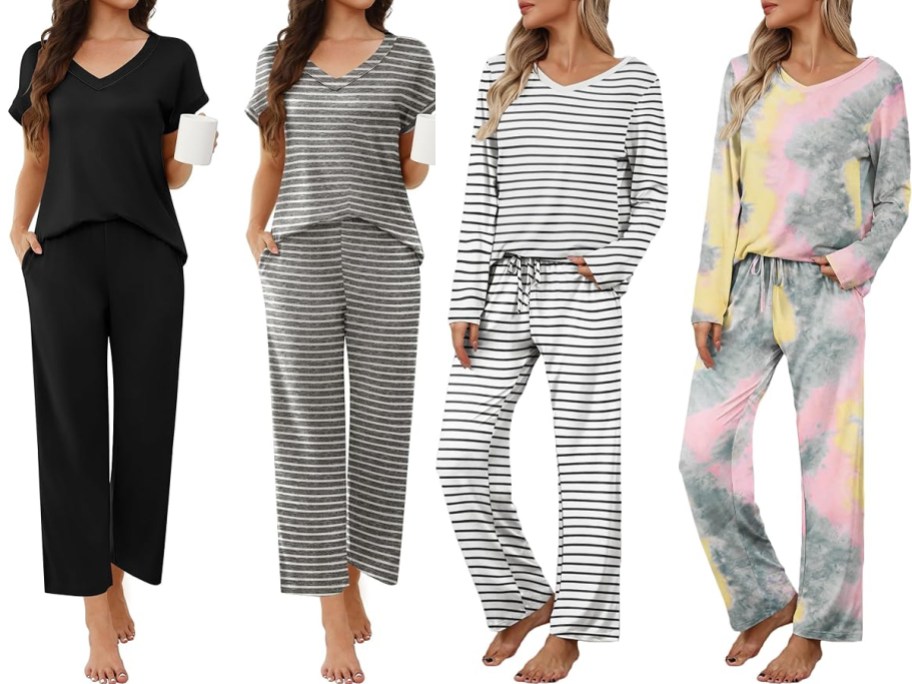women wearing black, gray, and colorful pajamas