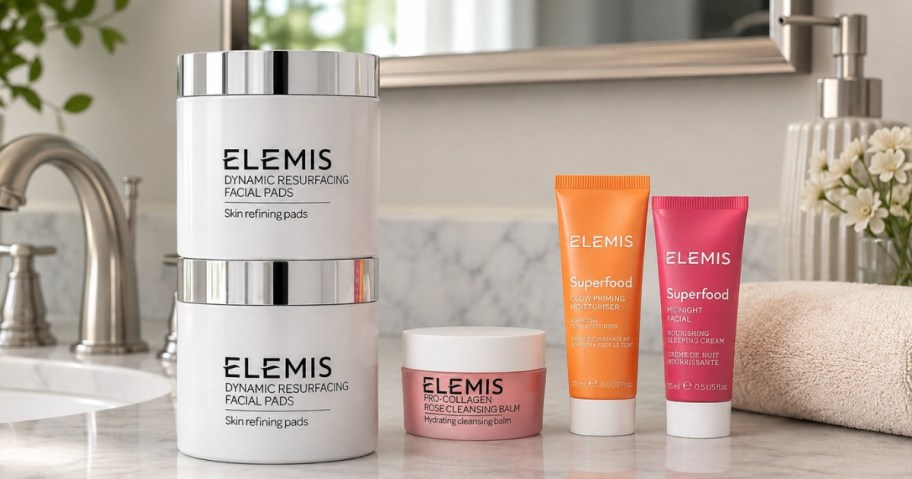various Elemis skincare items on a bathroom counter