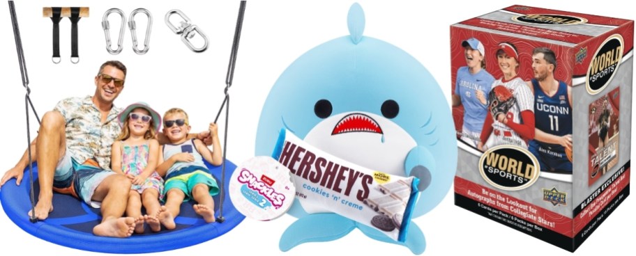 saucer swing, snackle plush and a box of sports trading cards