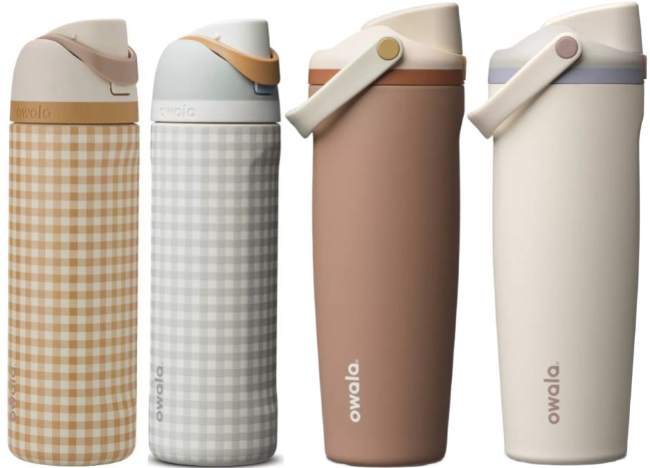 Four Owala water bottles side-by-side: a tan gingham patterned bottle, a grey gingham patterned bottle, a solid brown bottle, and a solid off-white bottle.