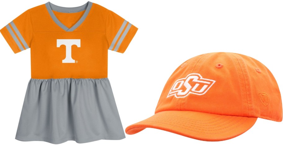 Fanatics college apparel shown side by side, featuring an orange and grey Tennessee Volunteers cheerleader dress on the left and an orange Oklahoma State Cowboys baseball cap on the right.