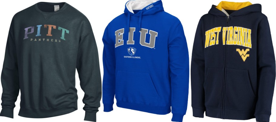 Fanatics college sweatshirts shown side by side, featuring a dark grey Pitt Panthers crewneck sweatshirt on the left, a blue Eastern Illinois Panthers hoodie in the center, and a navy blue West Virginia zip-up hoodie with a yellow hood lining on the right.