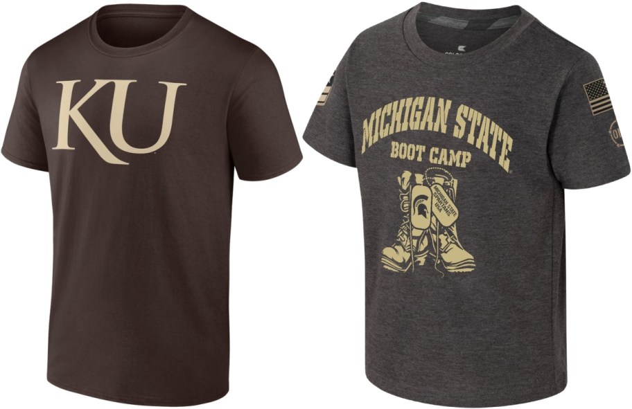 Fanatics college t-shirts shown side by side, featuring a brown Kansas KU t-shirt on the left and a dark grey heathered Michigan State Boot Camp graphic t-shirt on the right.