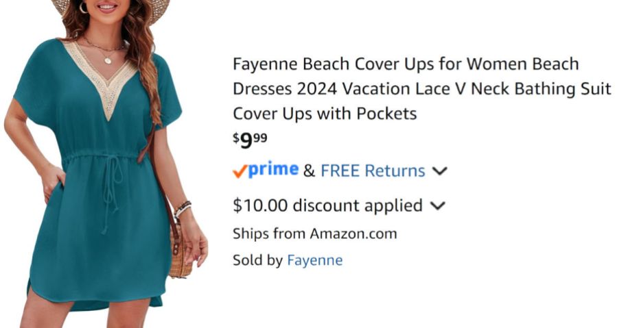 woman wearing teal dress next to Amazon pricing information
