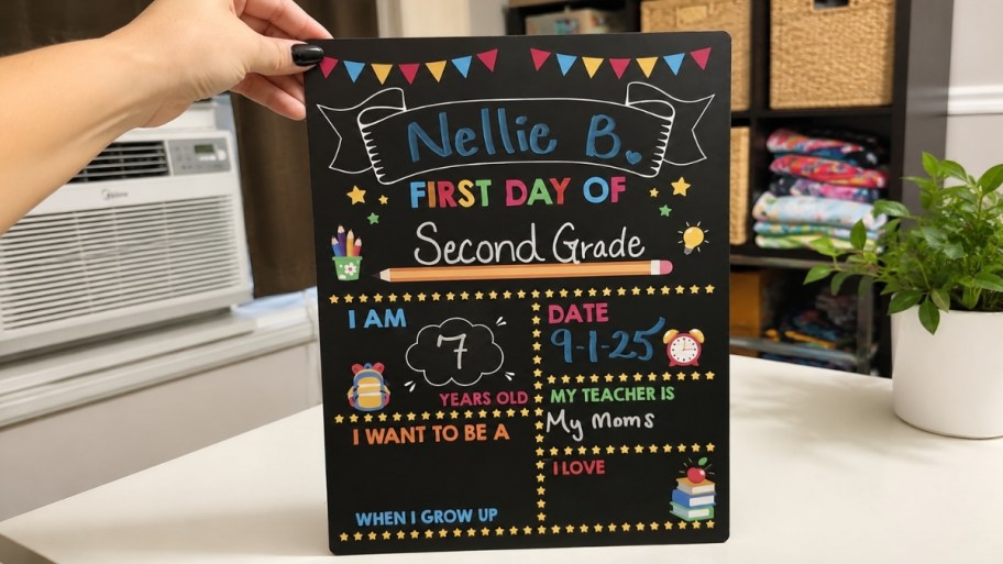 a womans hand holding a first day of school sign