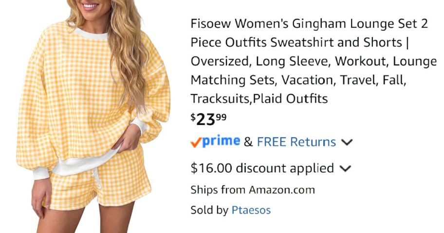 woman wearing yellow lounge set next to Amazon pricing information