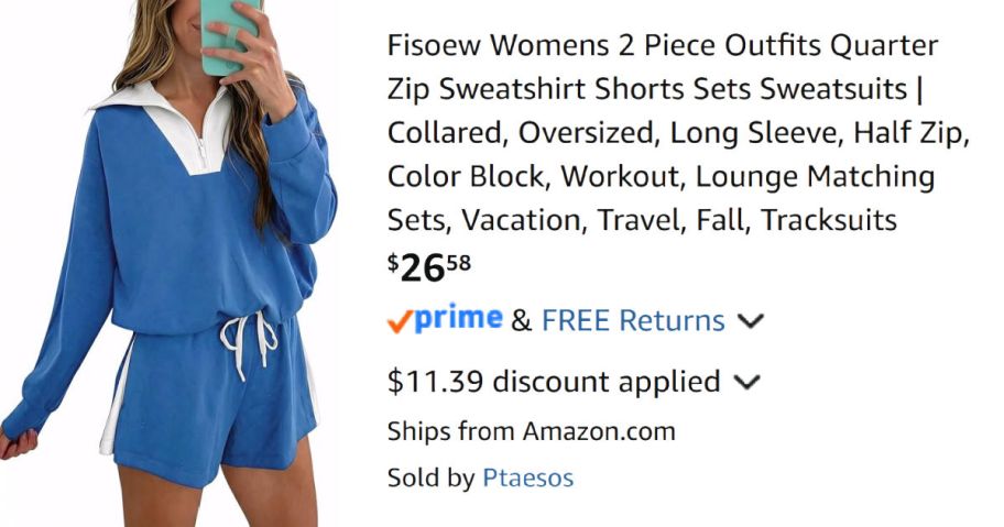 woman wearing blue lounge set next to Amazon pricing information