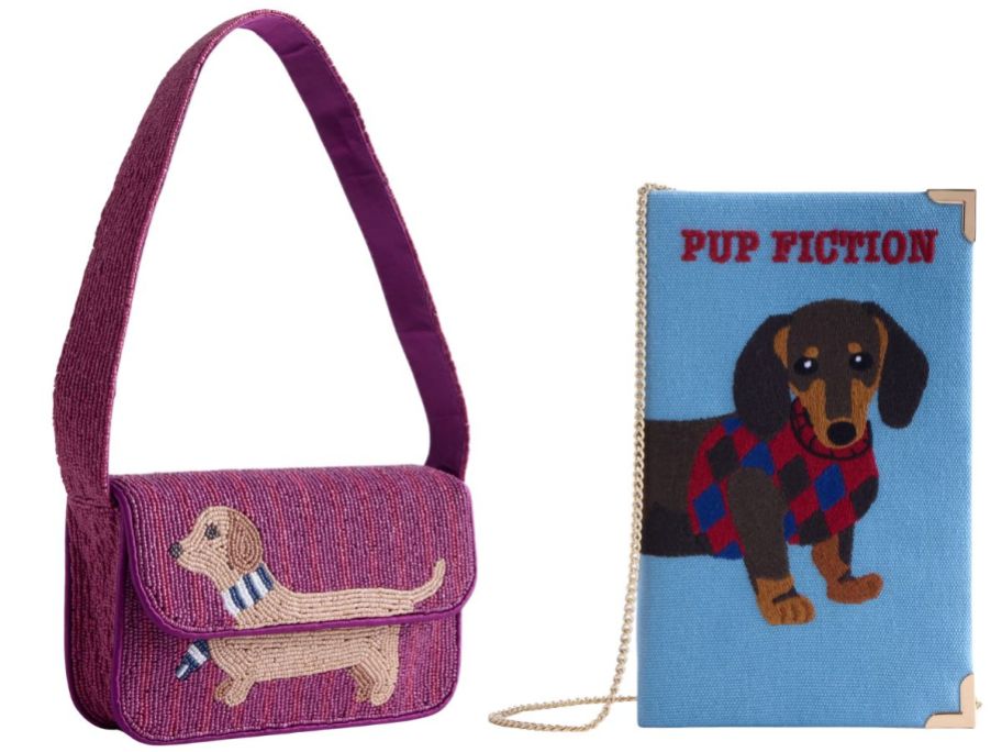 maroon Free Assembly Women's Beaded Flap Shoulder Bag with Dachshund and navy Free Assembly Women's Crossbody with "pup fiction" printed on it