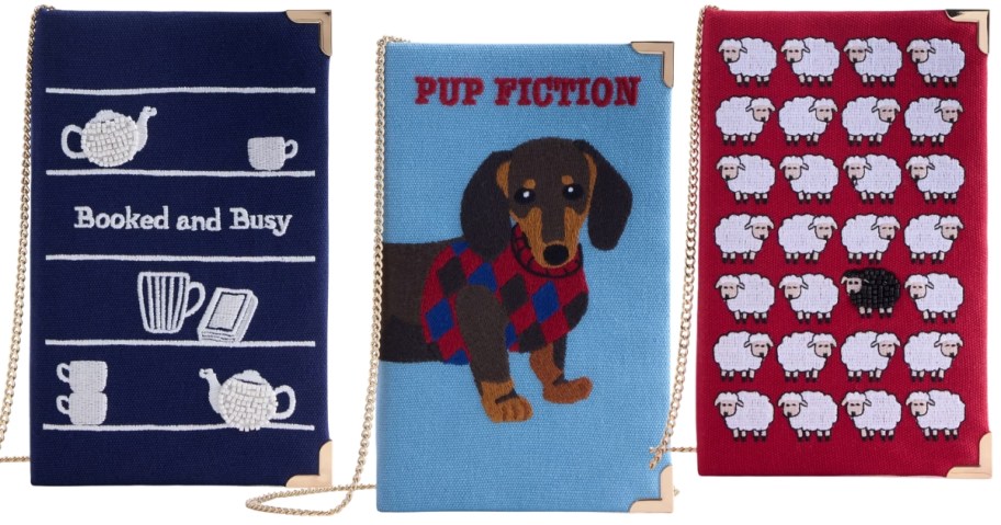 three clutch style purses with funny images or quotes and gold chains