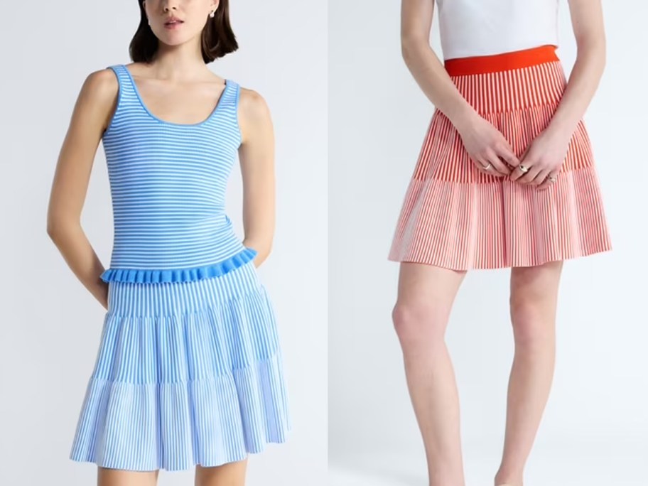 women wearing blue dress and red skirt 