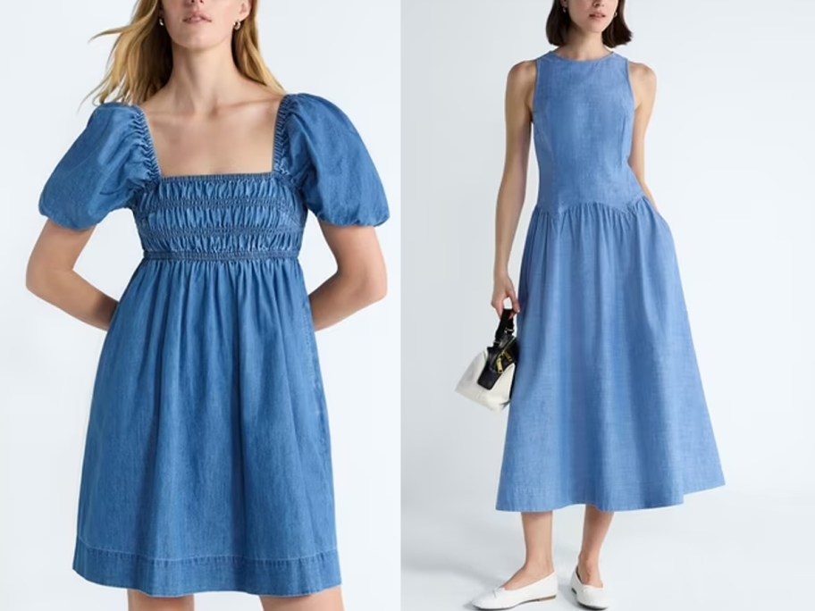 women wearing blue jean dresses 
