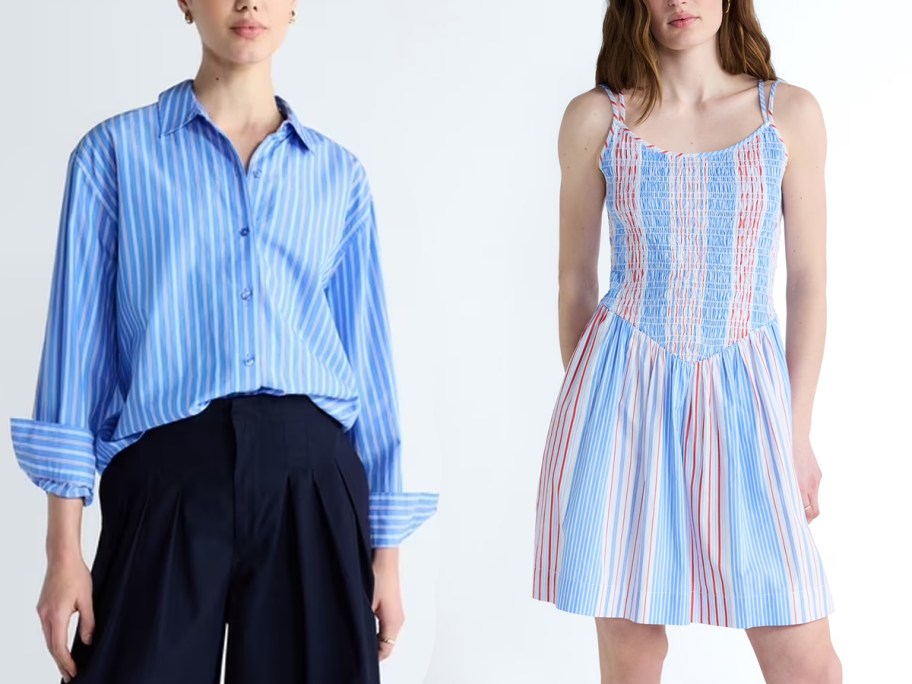 women wearing long sleeve blue shirt and blue and red striped dress 