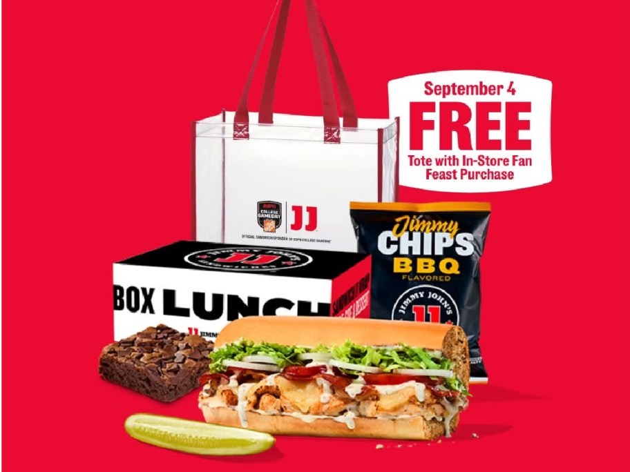A Jimmy John's Fan Feast promotion featuring a sandwich, chips, brownie, pickle, and a free branded tote bag.