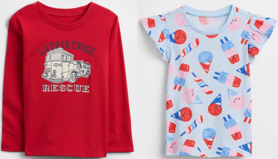 A red long-sleeve t-shirt with a fire truck graphic reading "Ladder Truck Rescue" next to a light blue short-sleeve t-shirt with ruffled sleeves and a colorful ice cream and popsicle pattern.