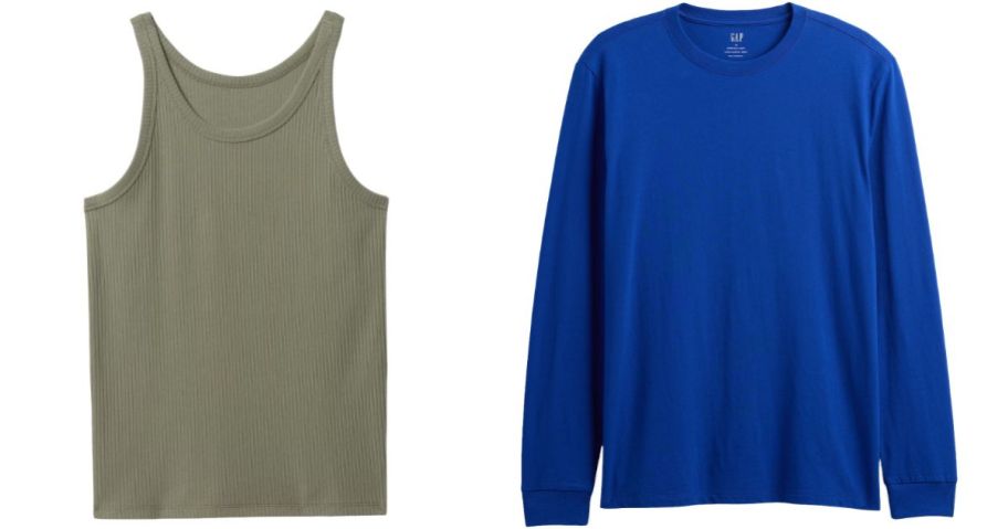 a green womens gap tank top and a blue long sleeve mens gap top