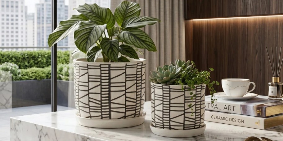 white and black designed planters on table in kitchen 