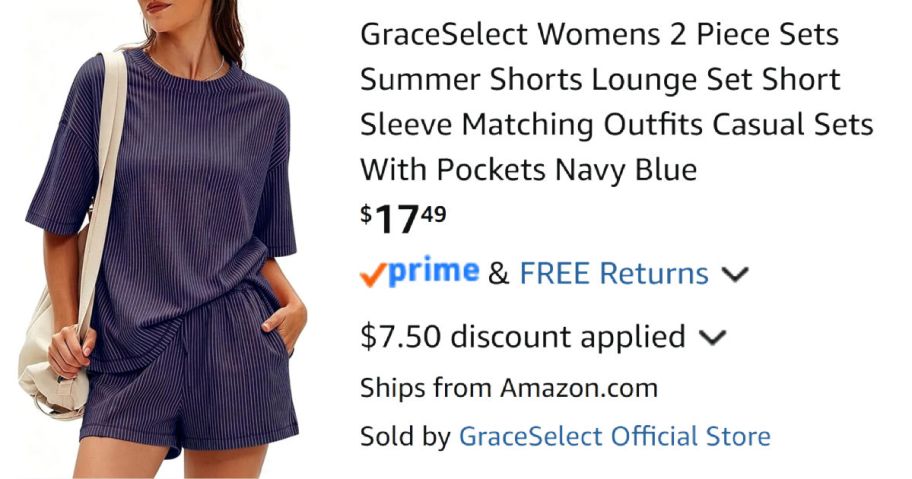 woman wearing blue lounge set next to Amazon pricing information