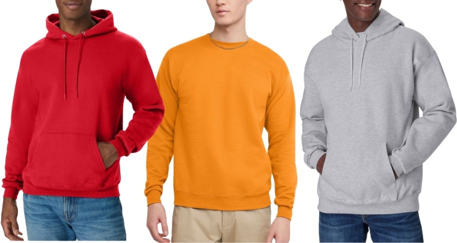 3 men in 3 different styles and colors of hanes sweatshirts