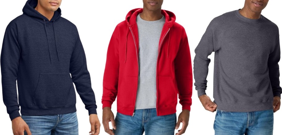 3 mean wearing different style of hanes sweatshirts