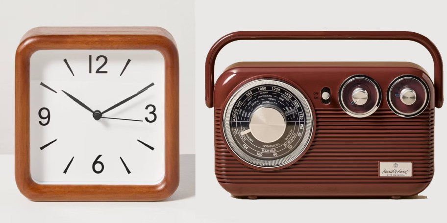 alarm clock and red radio 