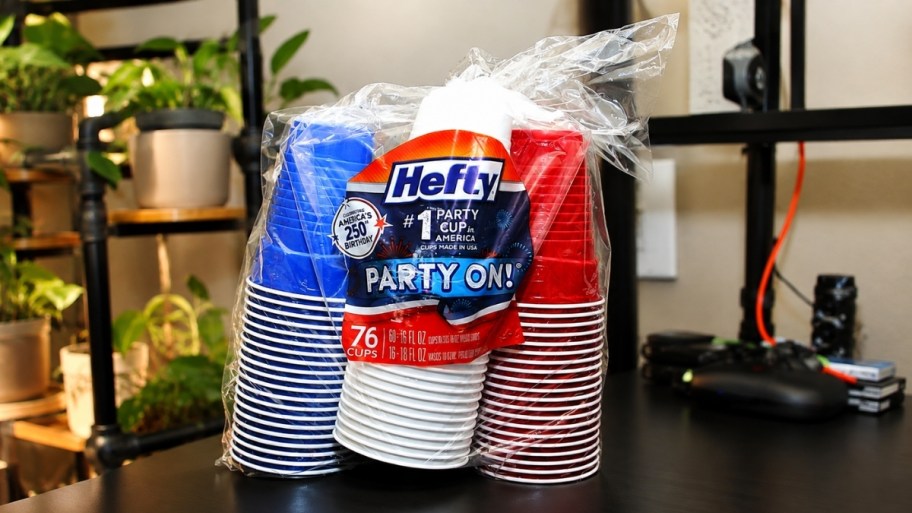 76 count pack of patrioc colored hefty cups in a bag on a countertop