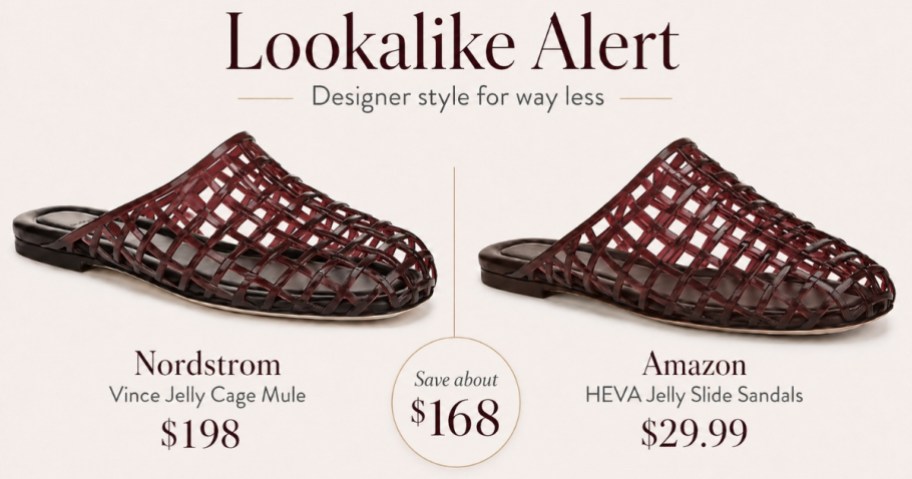 a graphic with comparison of an Amazon and a Nordstrom brand Jelly Shoe