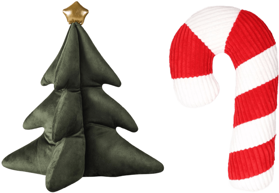 a christmas tree pillow and a candy cane pillow