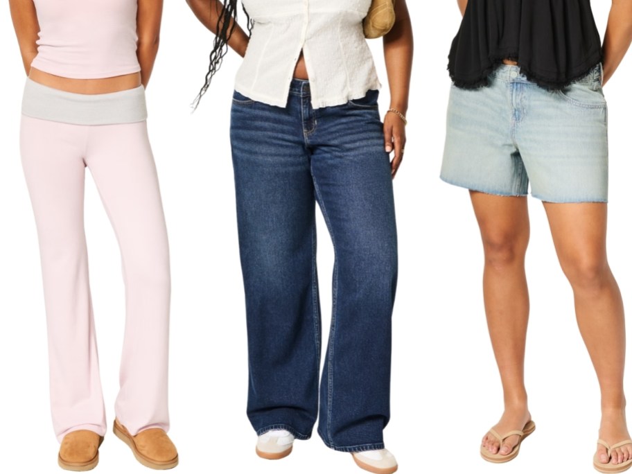 woman in pants, jeans and denim shorts