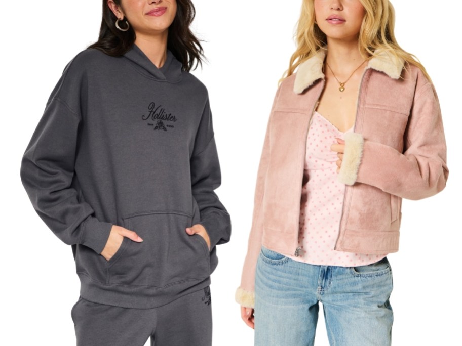 woman in a hoodie and woman in a pink faux shearling jscket