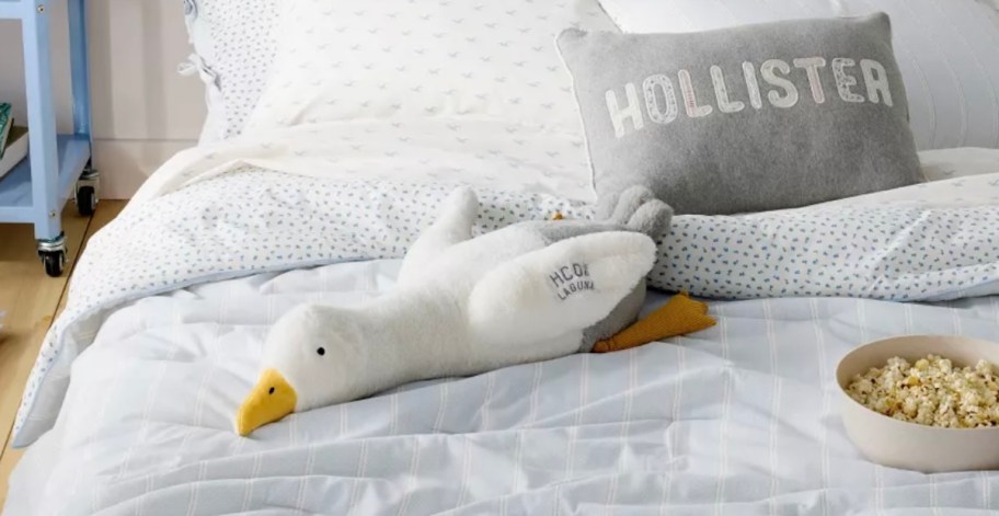 sam the seagull on bed with hollister pillow
