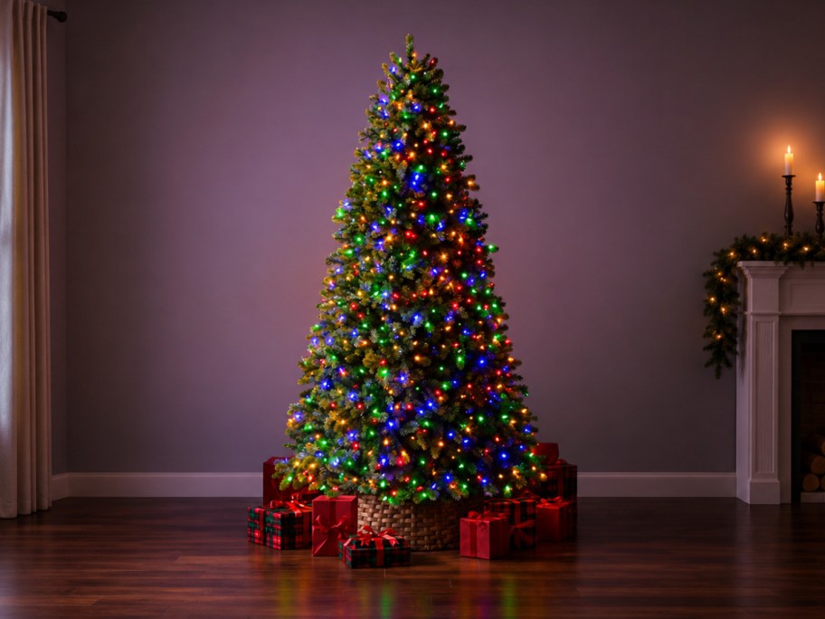 lit christmas tree in a living room