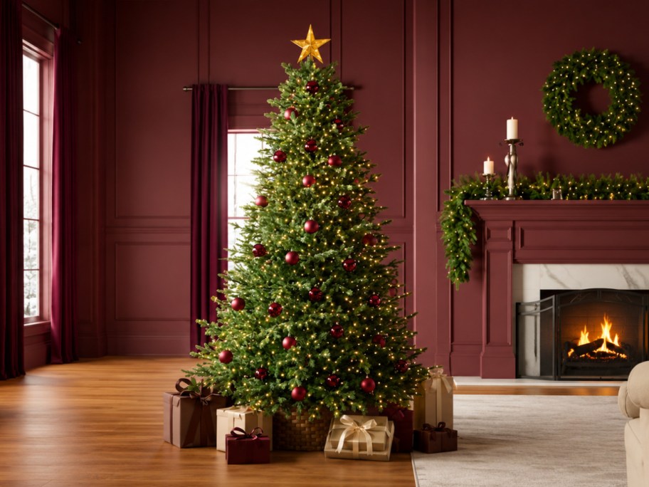 christmas tree with red ornaments in a living room with red walls