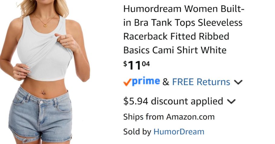 woman lifting white tank top next to Amazon pricing information