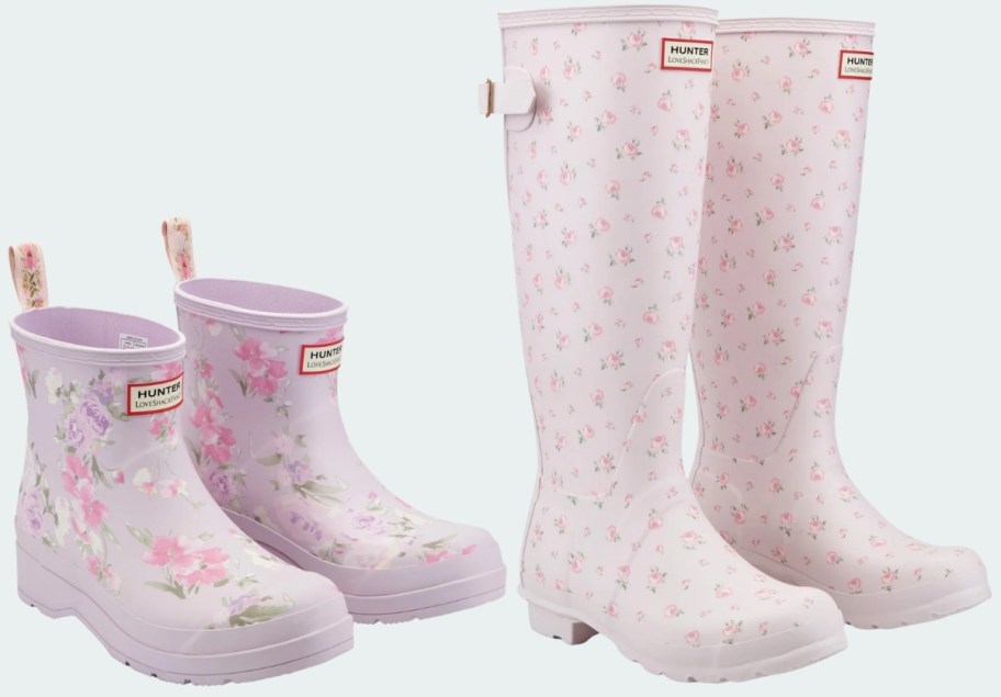 two pair of womens hunter x loveshack facy rain boots