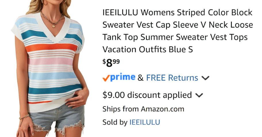 woman wearing striped shirt next to Amazon pricing information