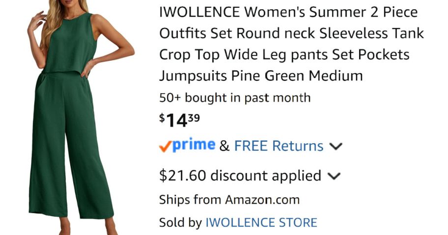 woman wearing green outfit next to Amazon pricing information