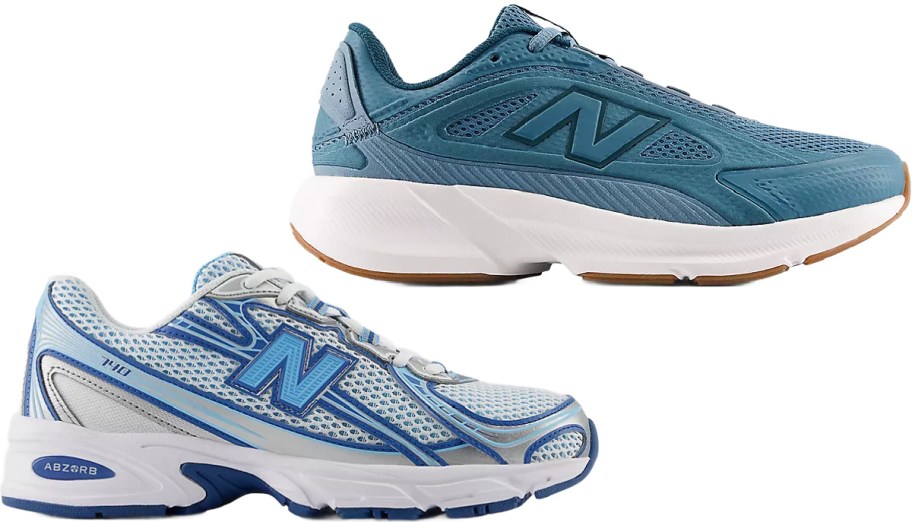 Two New Balance running shoes, one teal with a white sole and the other white mesh with blue and silver accents.
