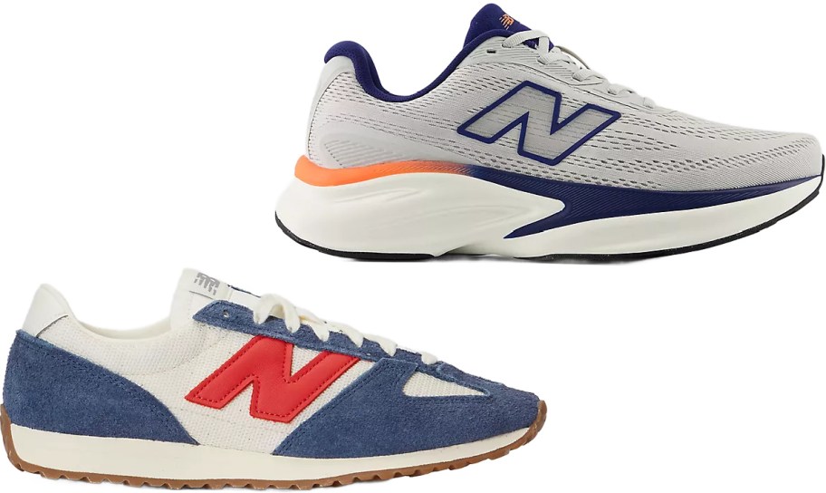 Two New Balance shoes, one light grey running shoe with a thick white sole and the other a retro cream and blue suede sneaker with a red logo.