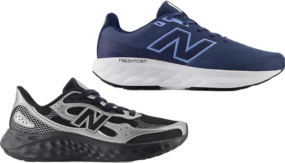 Two New Balance running shoes, one navy blue with a white sole and the other black and silver with a black sole.