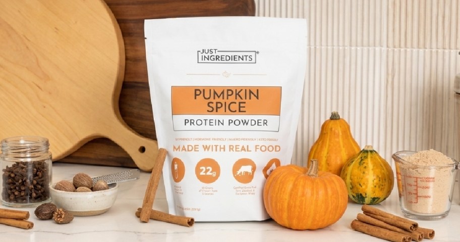 bag of protein powder with pumpkins
