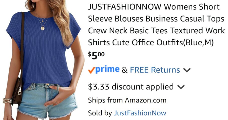 woman wearing blue shirt next to Amazon pricing information