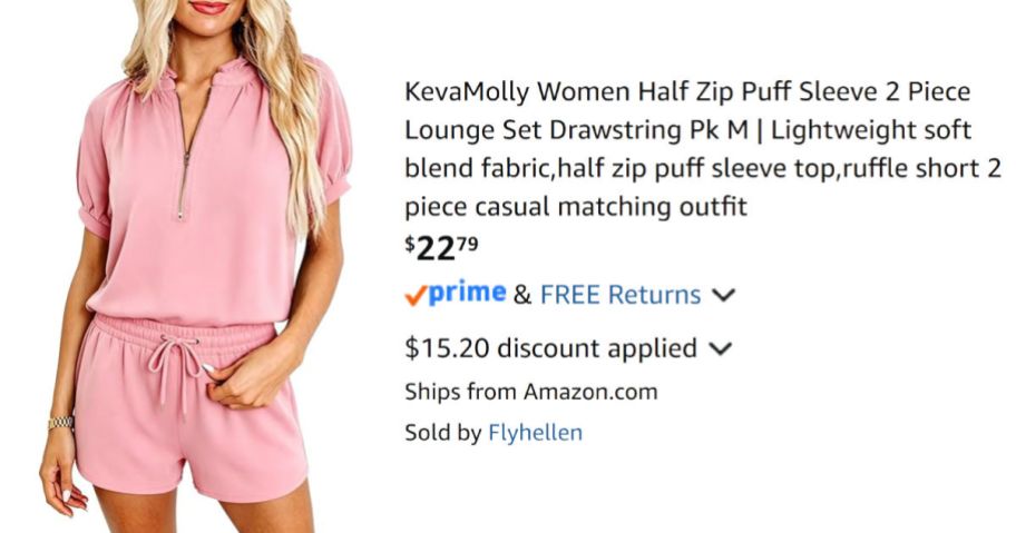 woman wearing pink outfit next to Amazon pricing information