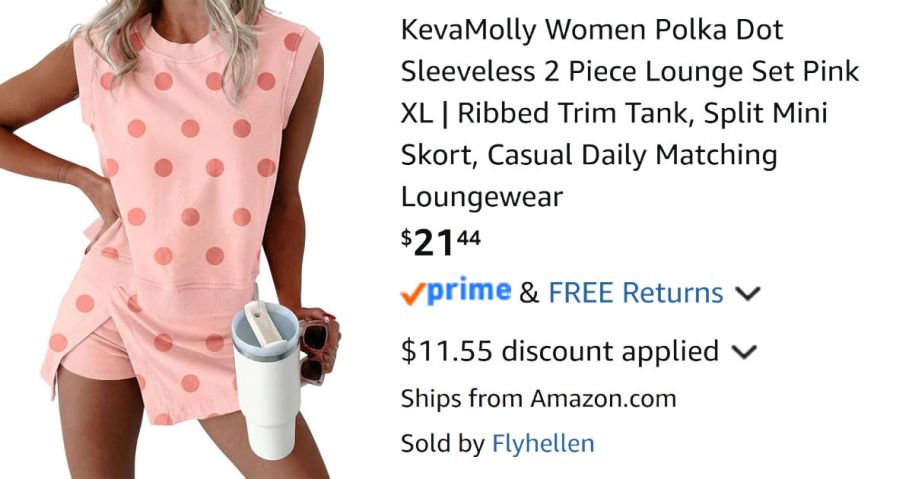 woman wearing pink lounge set next to Amazon pricing information