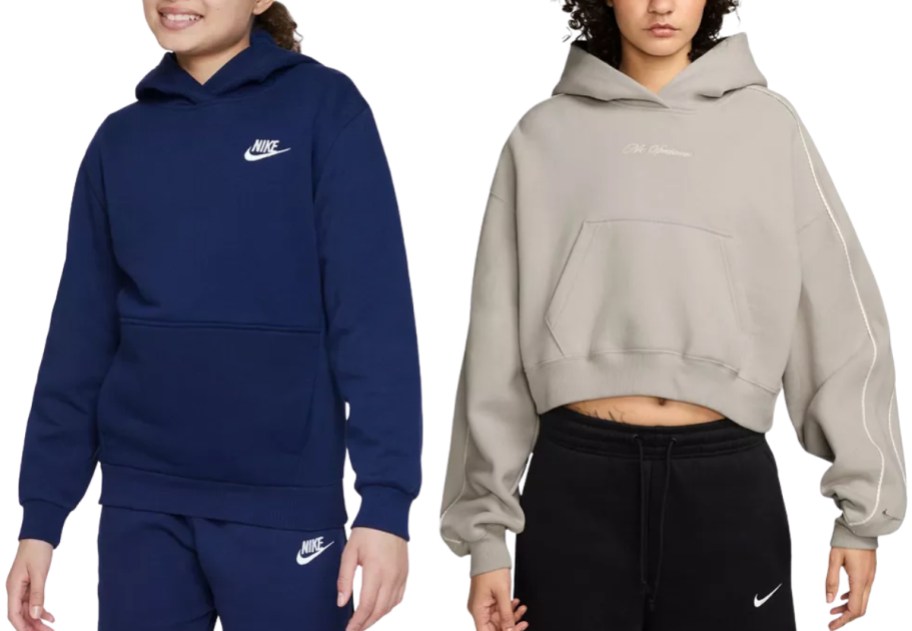 a girl and a woman wearing nike hoodies