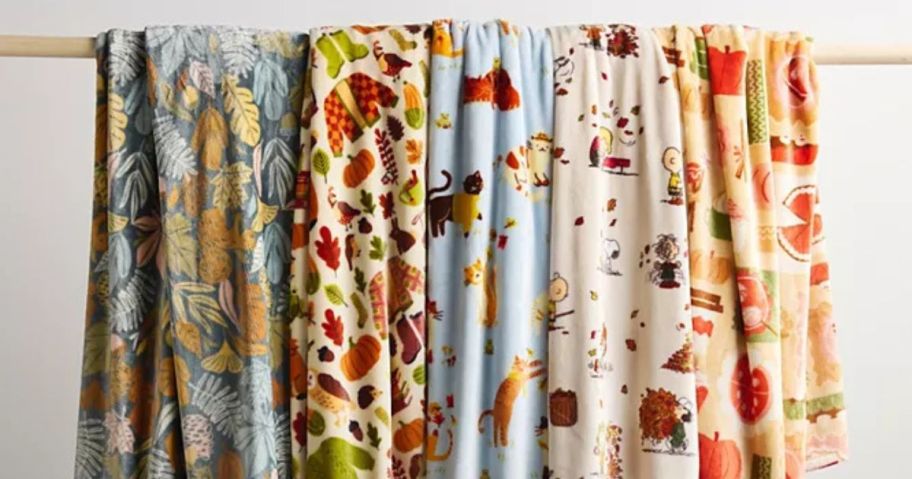 kohls big one Fall & Harvest blankets hanging on clothesline