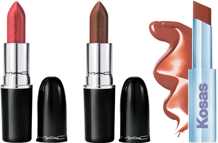 Two open MAC lipsticks in pink and brown standing next to their black caps, and an open Kosas lipstick in a light blue tube with a matching brown color swatch.